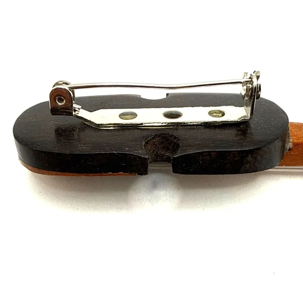 Vintage Hand Carved Wood Violin Brooch Musical String Instrument Pin 3 1/8